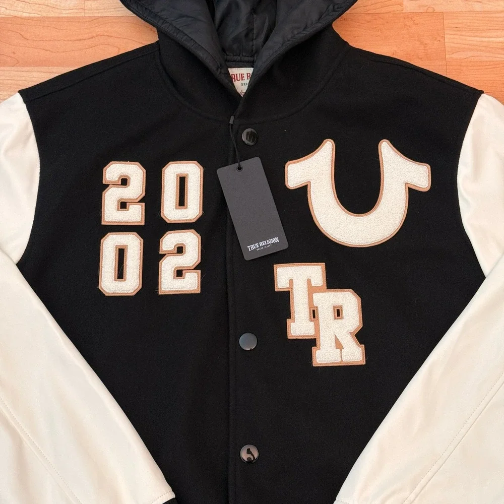 True Religion Mens NEW Varsity Jacket Jet Black White Letterman 108284 L